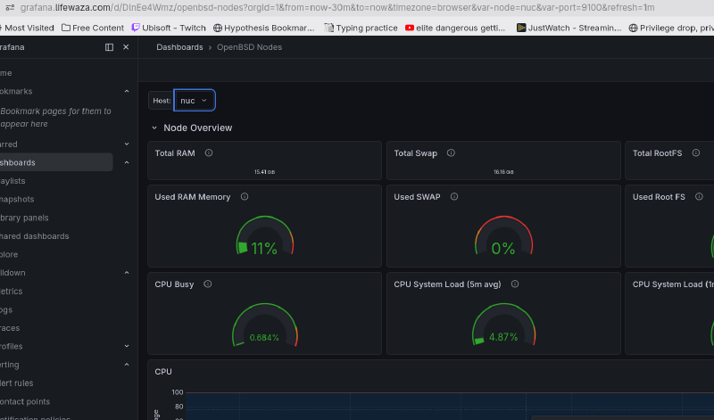 Screenshot of grafana dashboard showing some RAM and CPU metrics for the
host &ldquo;nuc&rdquo;