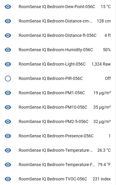 Screenshot of home assistant dashboard showing the sensor readings