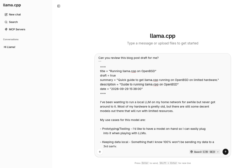Picture of llama.cpp web interface running on my home server